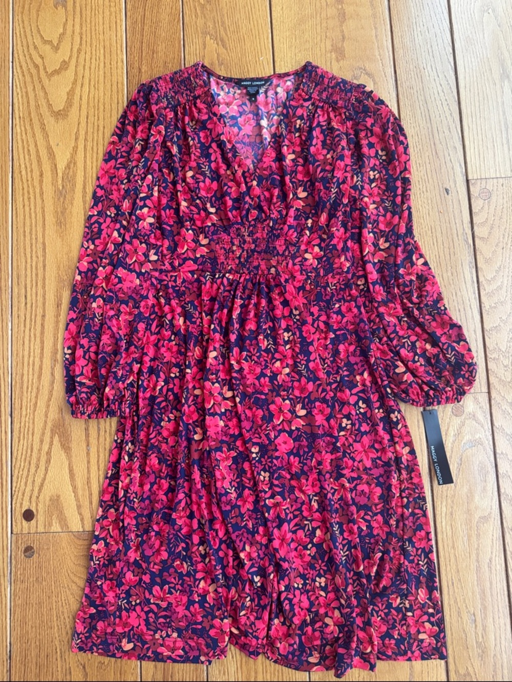 Maggy London Pink & Navy Floral V-Neck Blouse